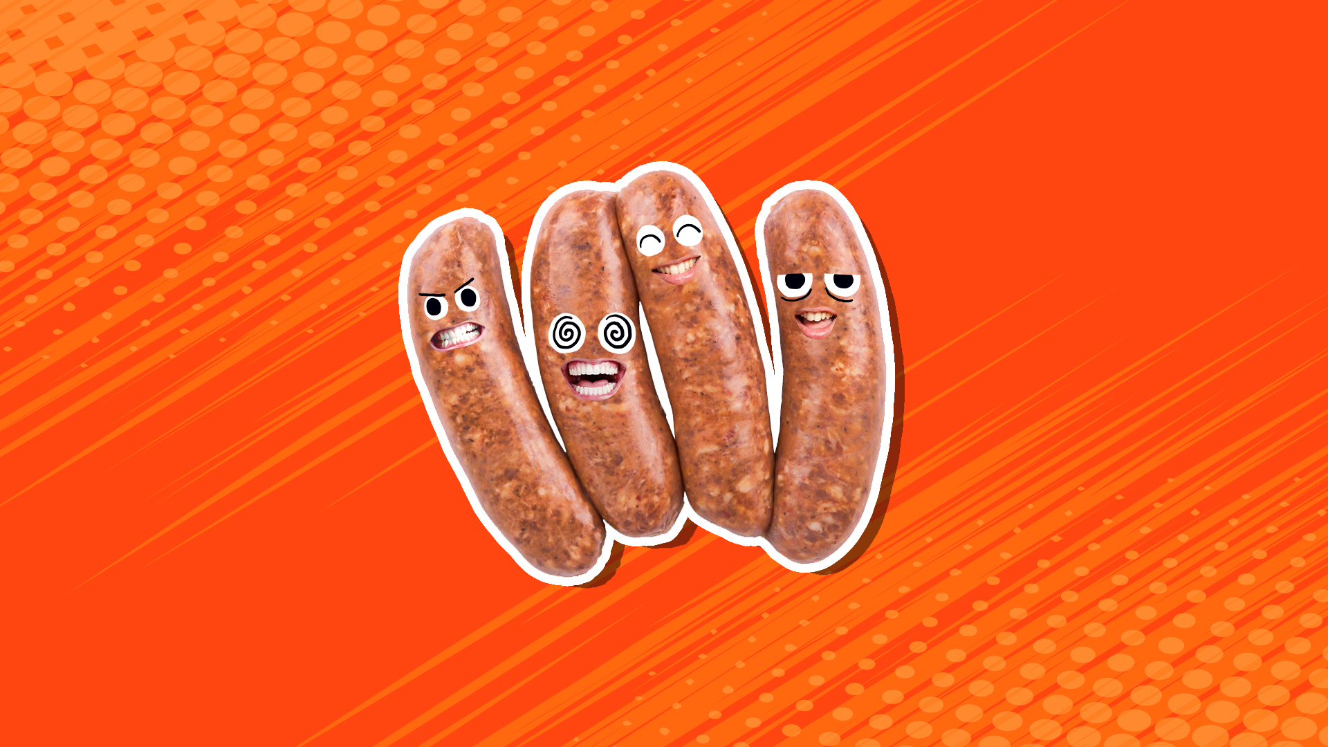 Four sausages laughing at a joke
