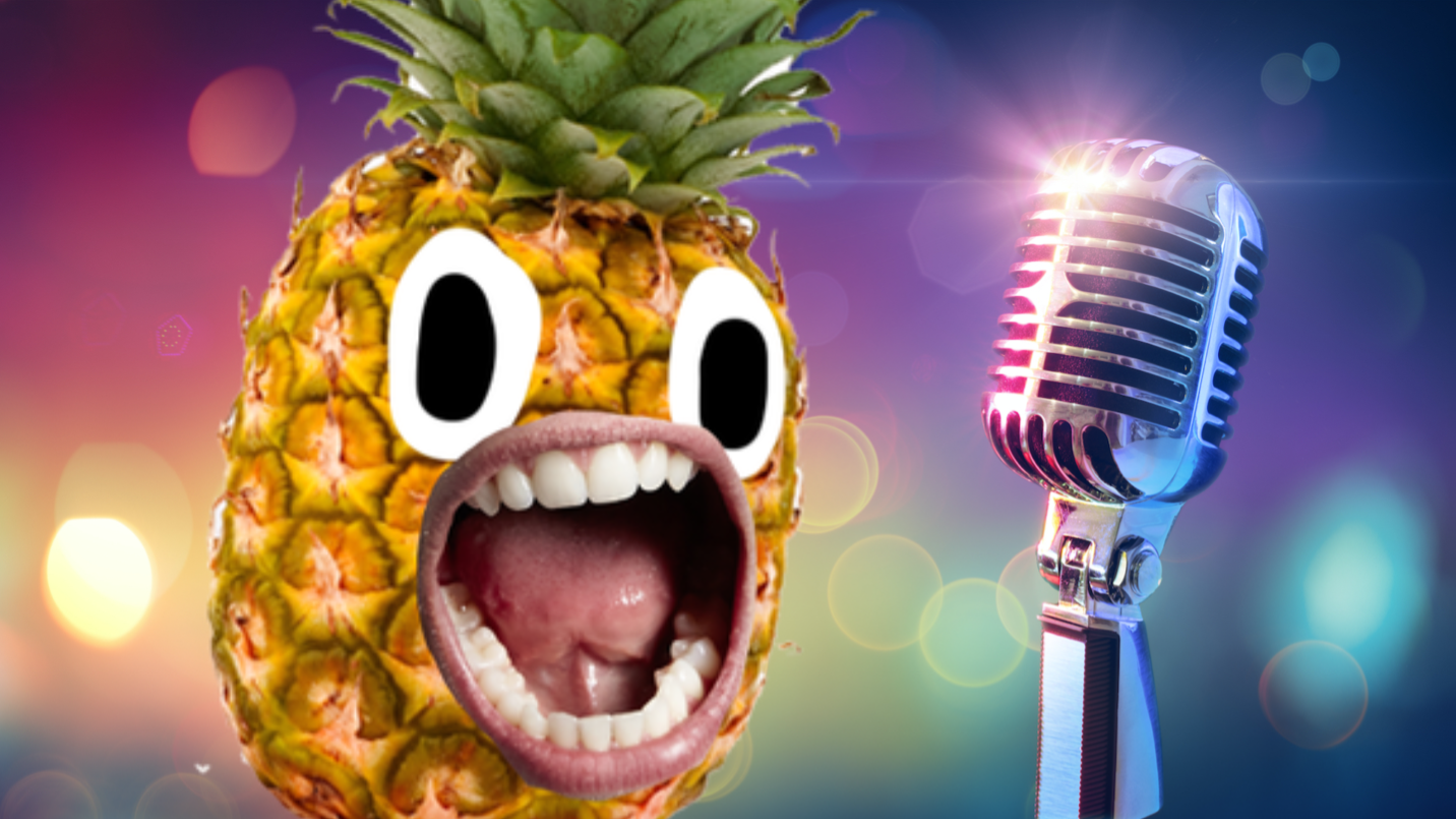 A pineapple singing into a microphone