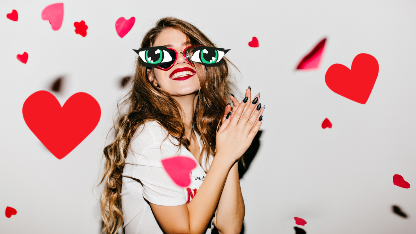 Woman in love heart glasses surrounded by hearts