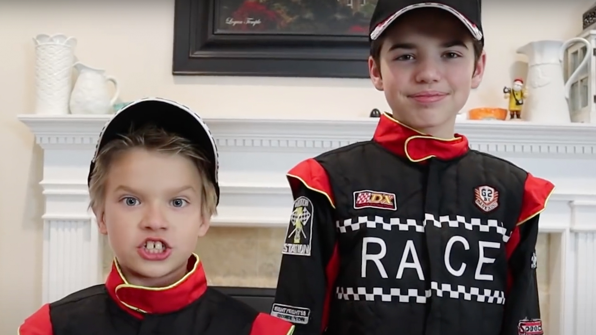 Jake and Ty dressed as racing drivers