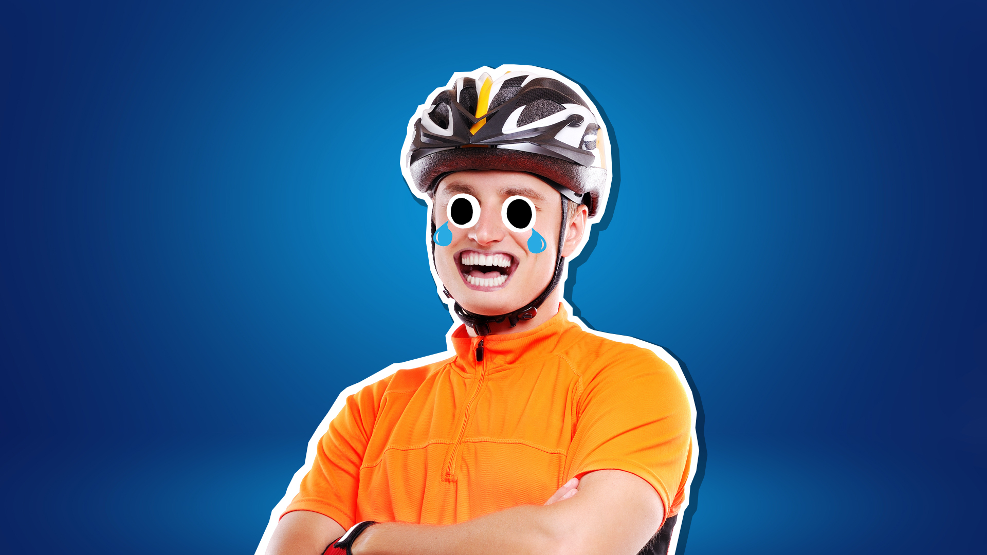 A cyclist crying with laughter