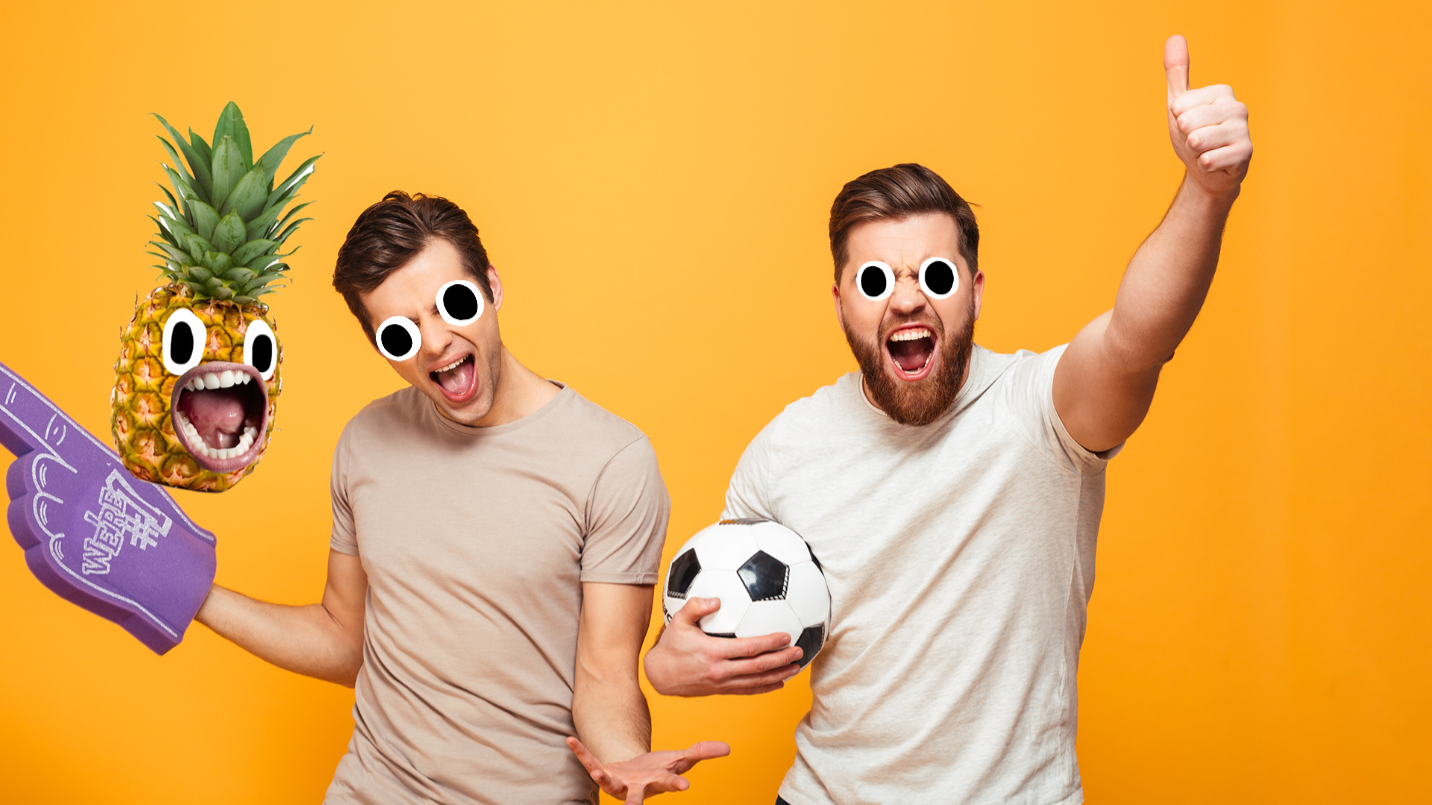 Two football fans on orange background