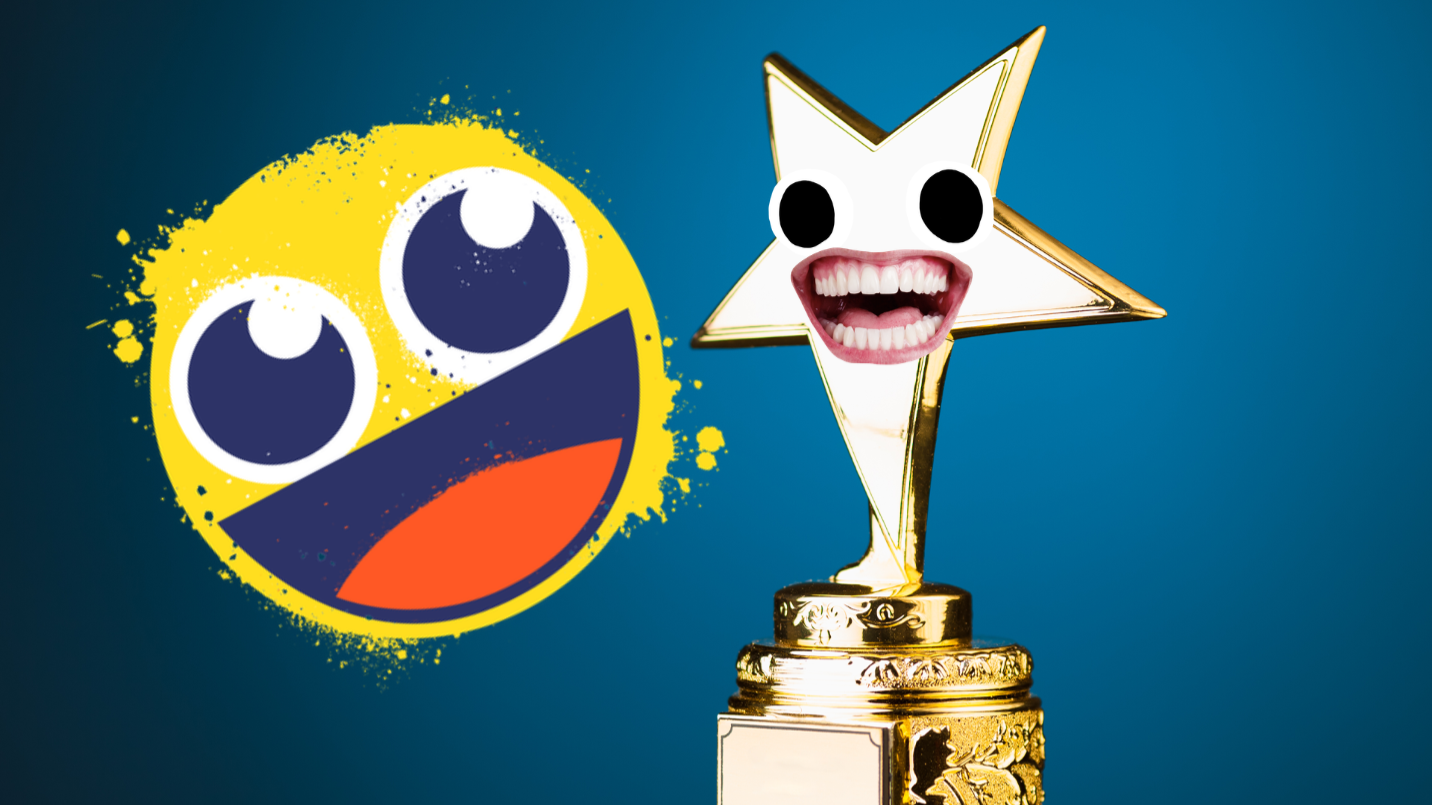 Trophy on dark blue background with smiley faces