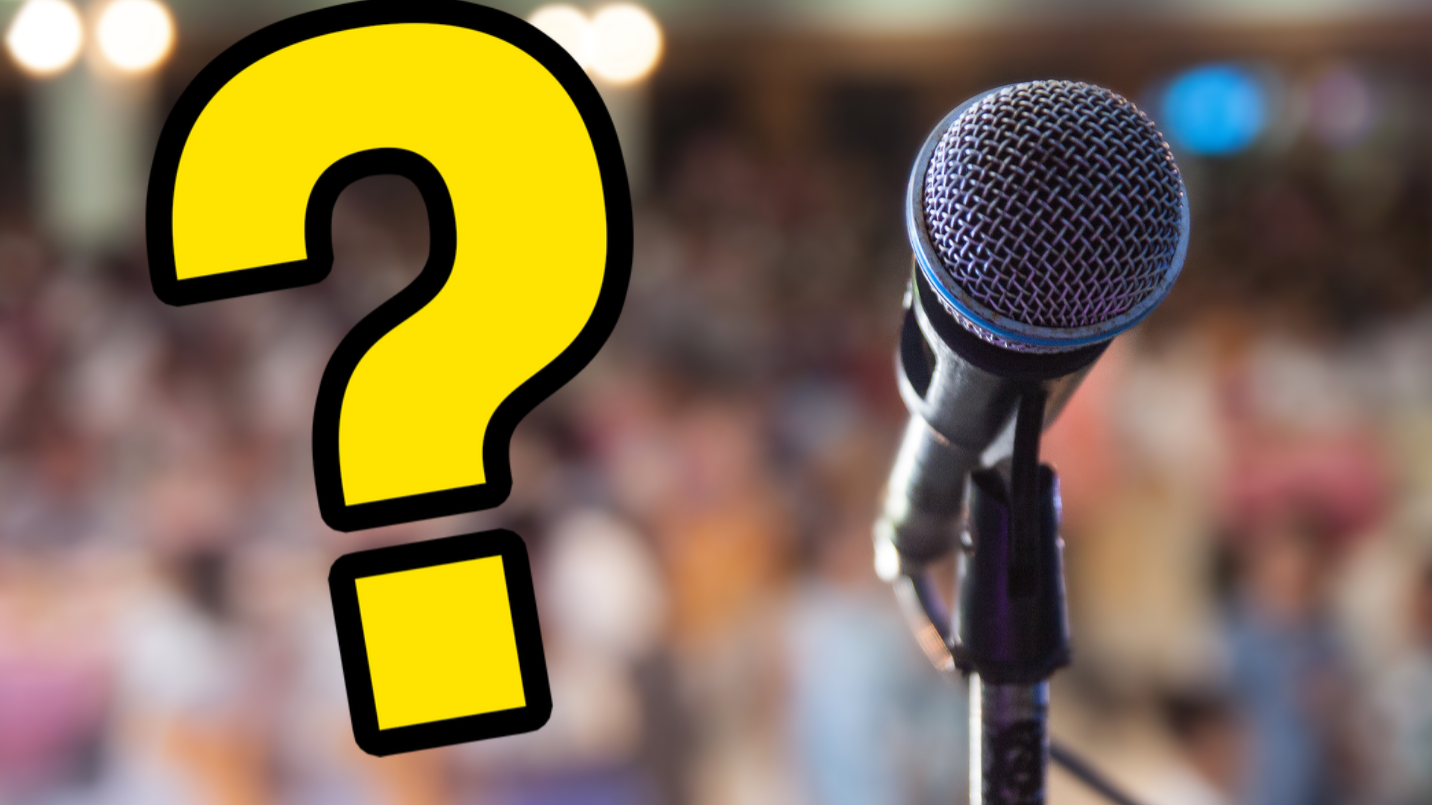 Microphone, crowd and question mark