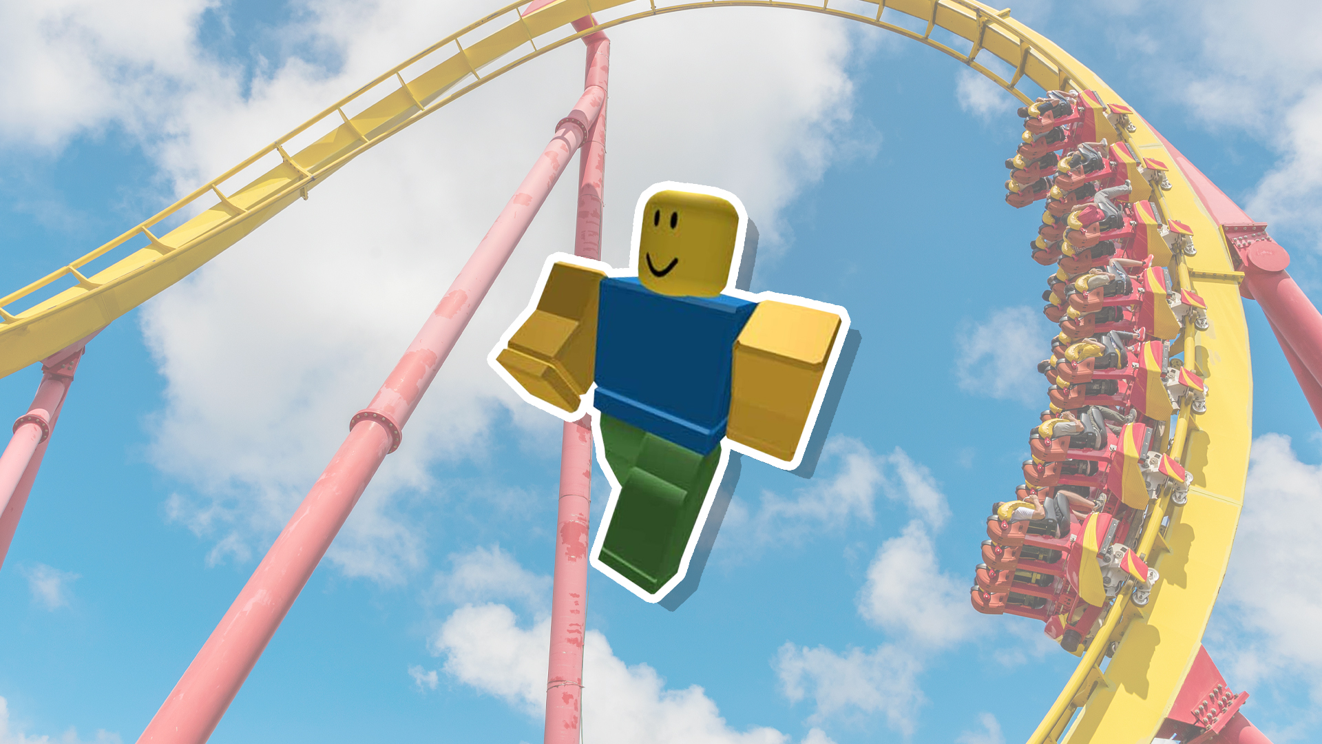 A Roblox character next to a rollercoaster