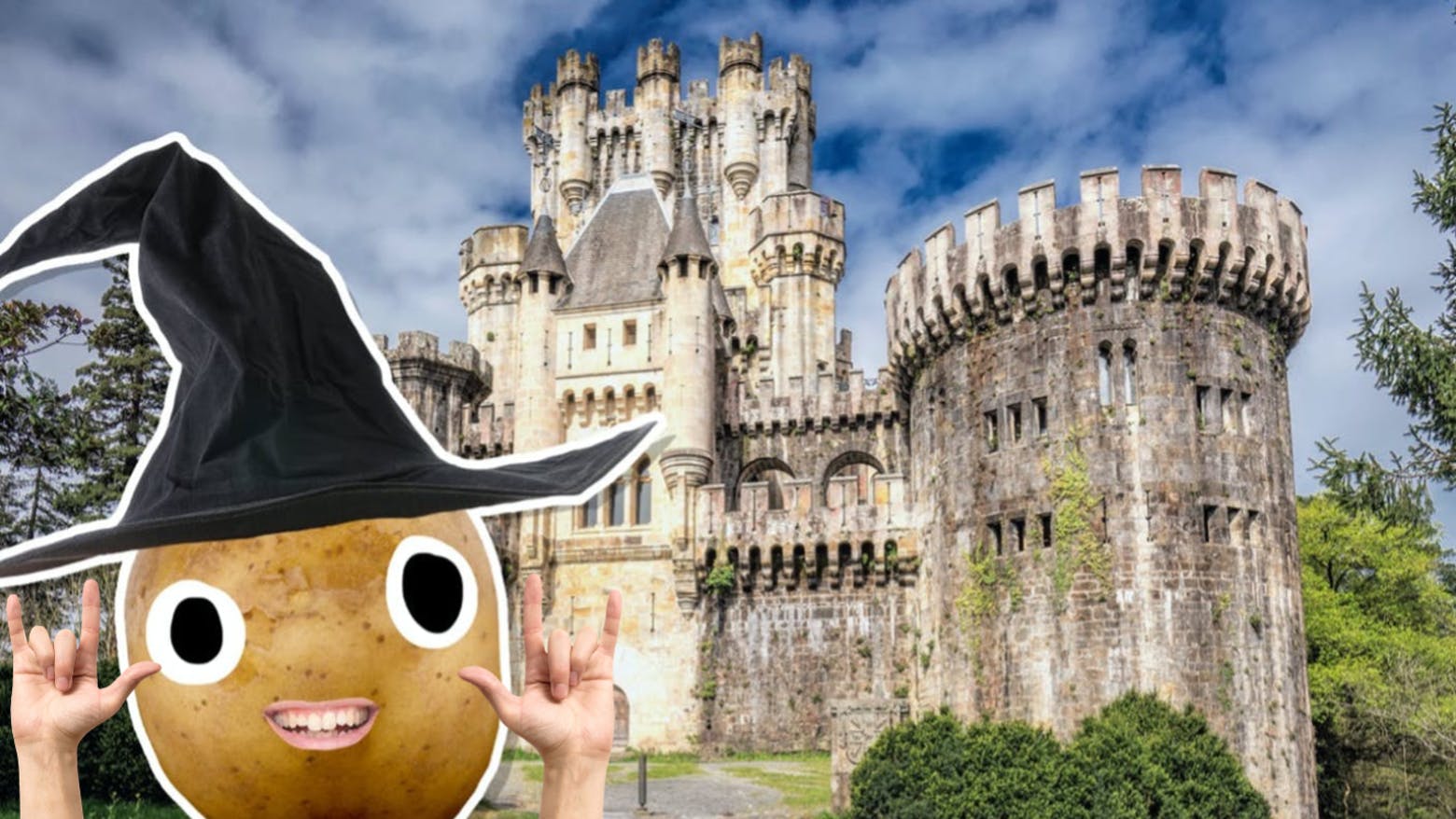 A potato wizard outside a castle-like school