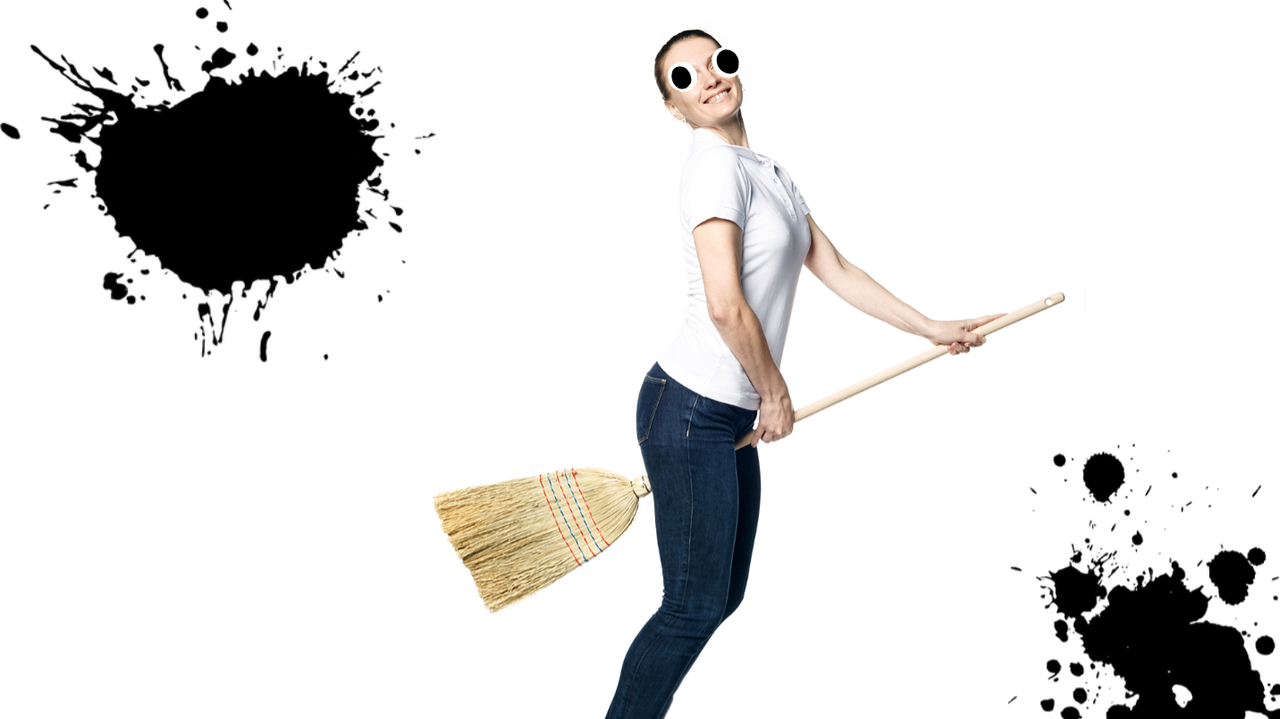 Woman on broomstick on white background
