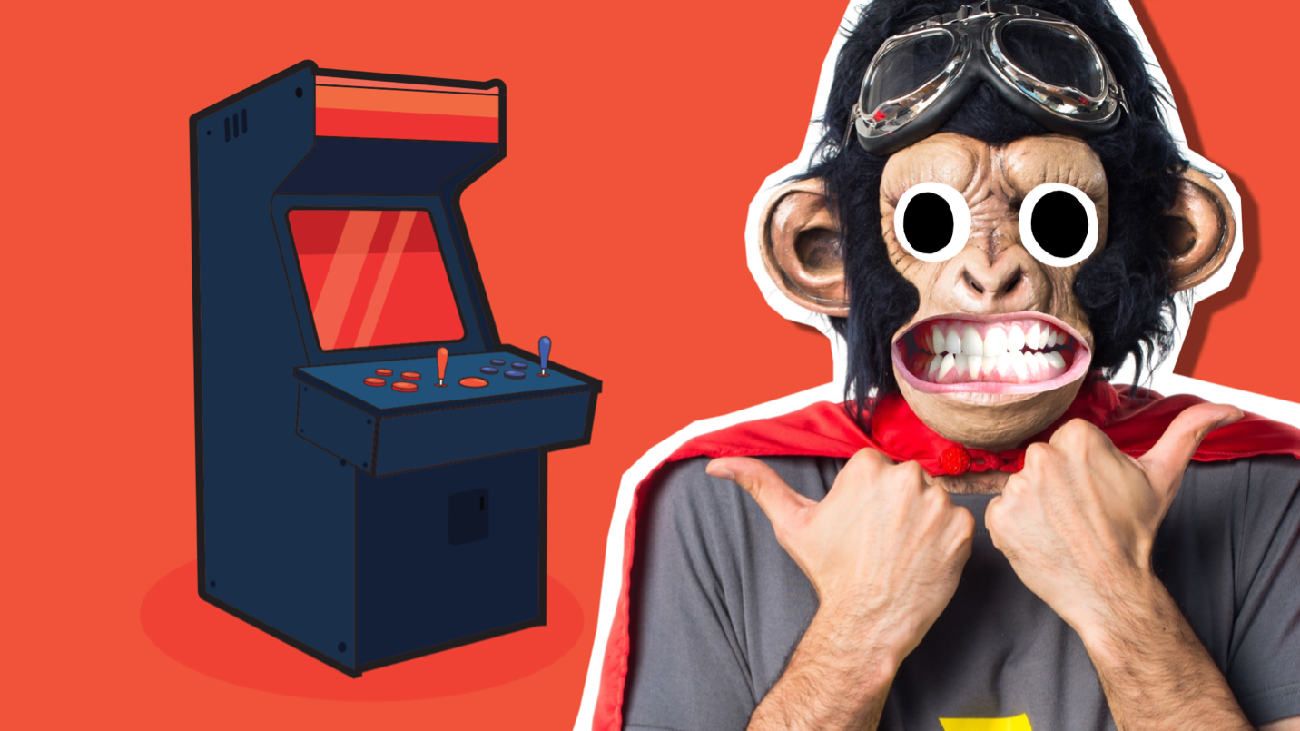 A person in a monkey mask next to an arcade machine