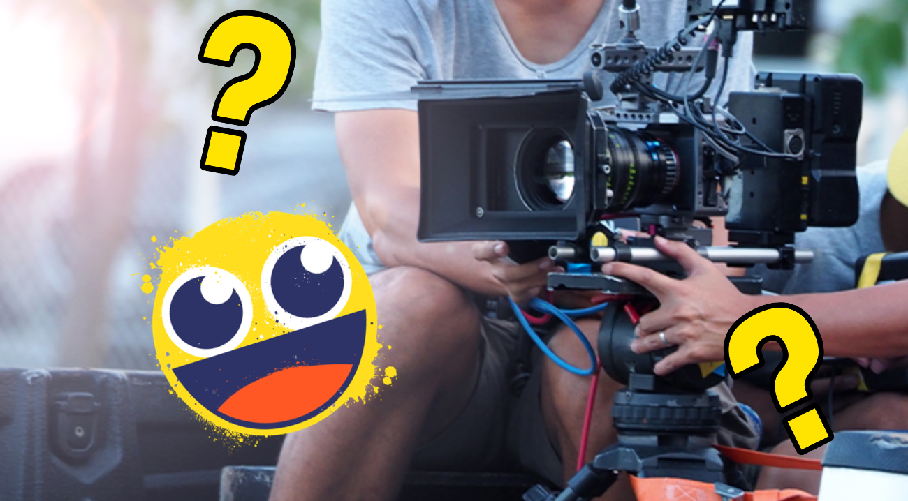 Camera and camera man with smiley emoji and question marks