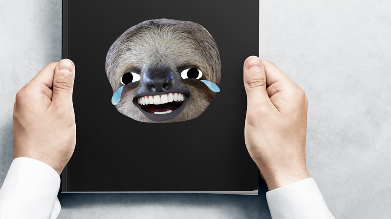 A man holding a book with a sloth on the cover