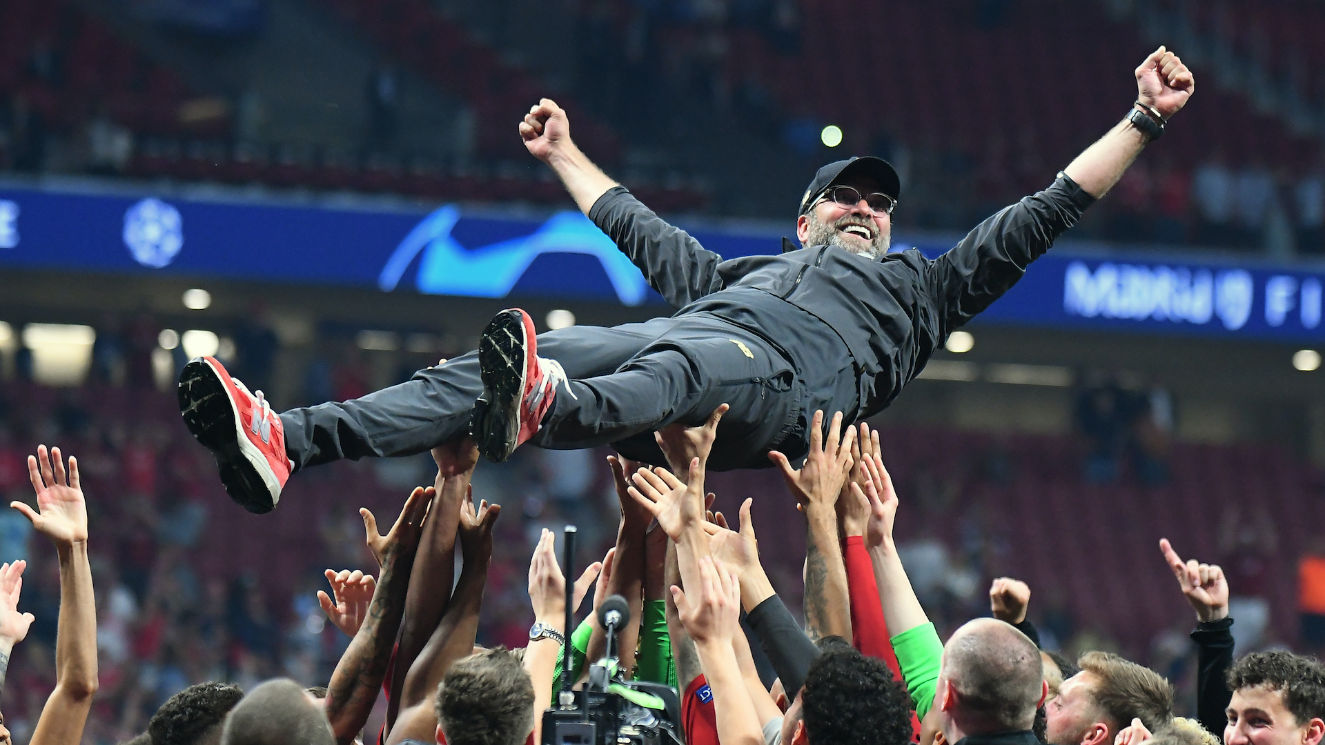Liverpool manager Jurgen Klopp is thrown in the air after the award ceremony held after the 2018/19 UEFA Champions League Final.