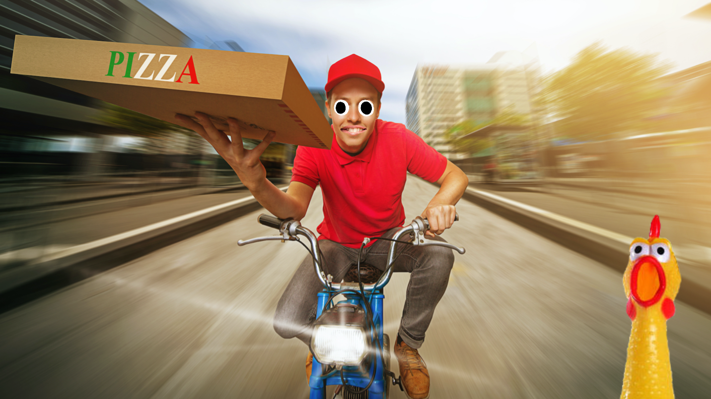 A pizza delivery person on a motorbike