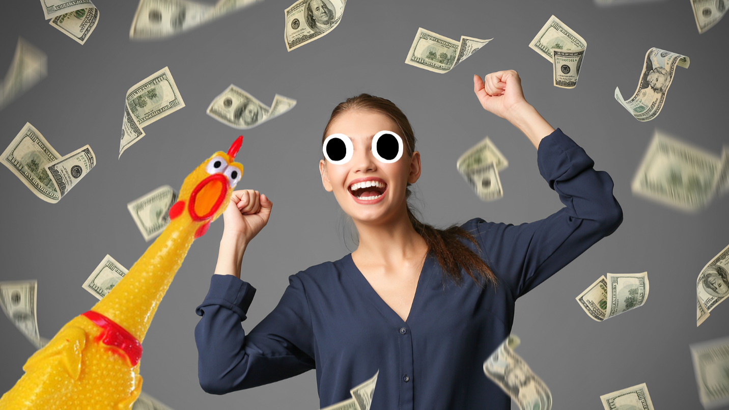Woman surrounded by falling money on grey background with chicken