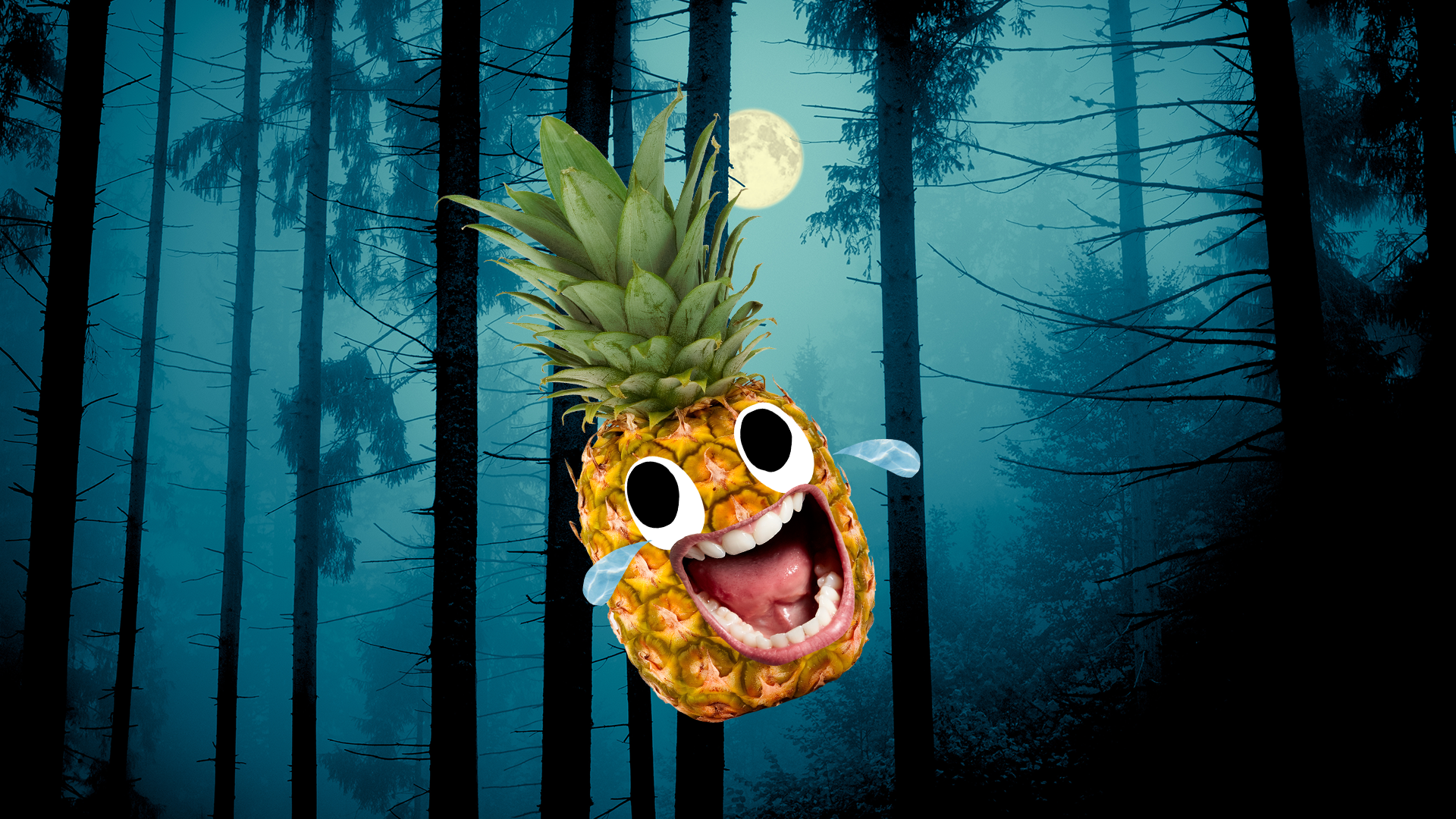 Laughing pineapple in front of a full moon and spooky looking forest