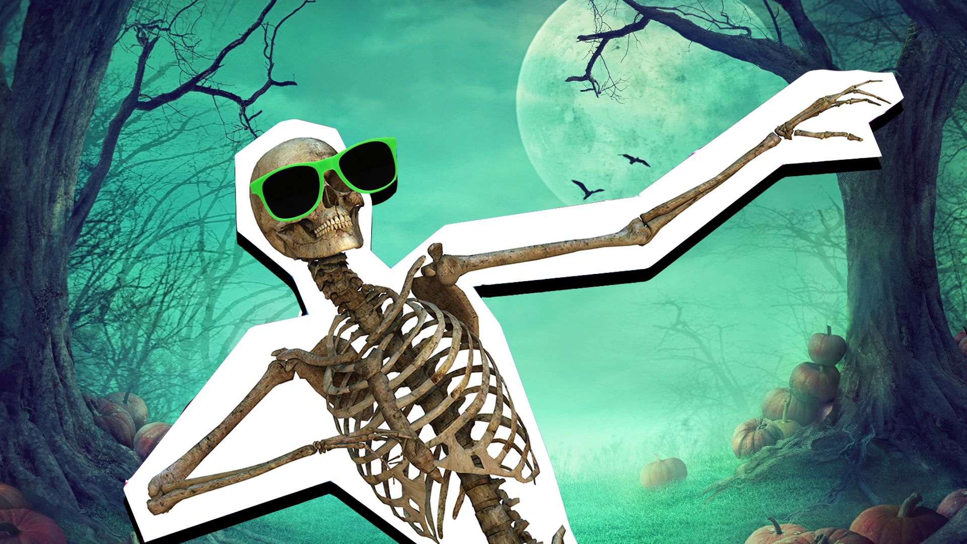 Grinning skeleton wearing green sunglasses doing the Dap Fornite dance