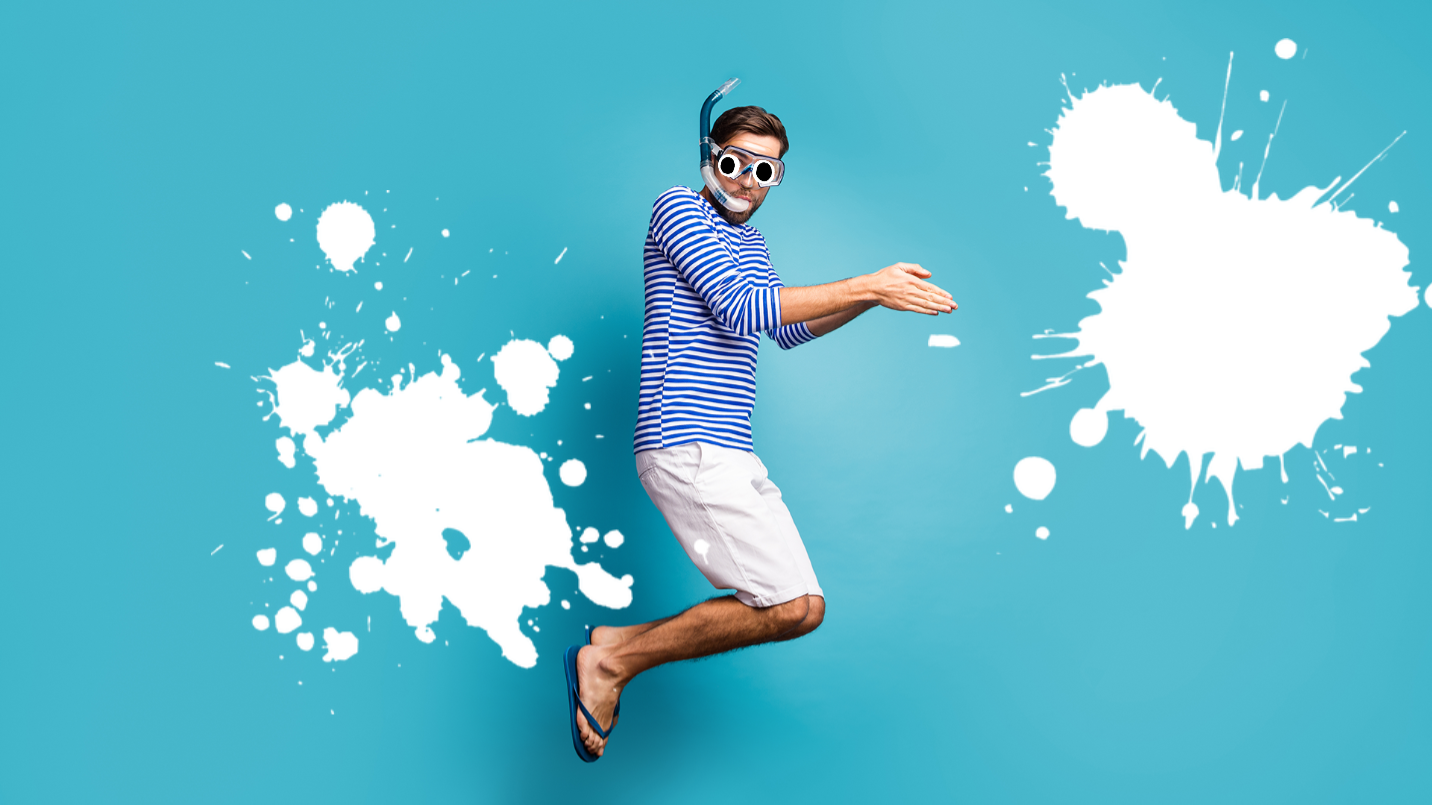 Man jumping infront of blue background