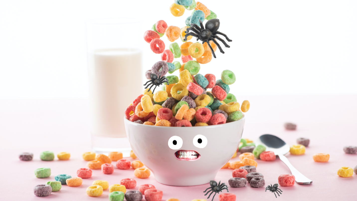 Fake spiders in a cereal bowl
