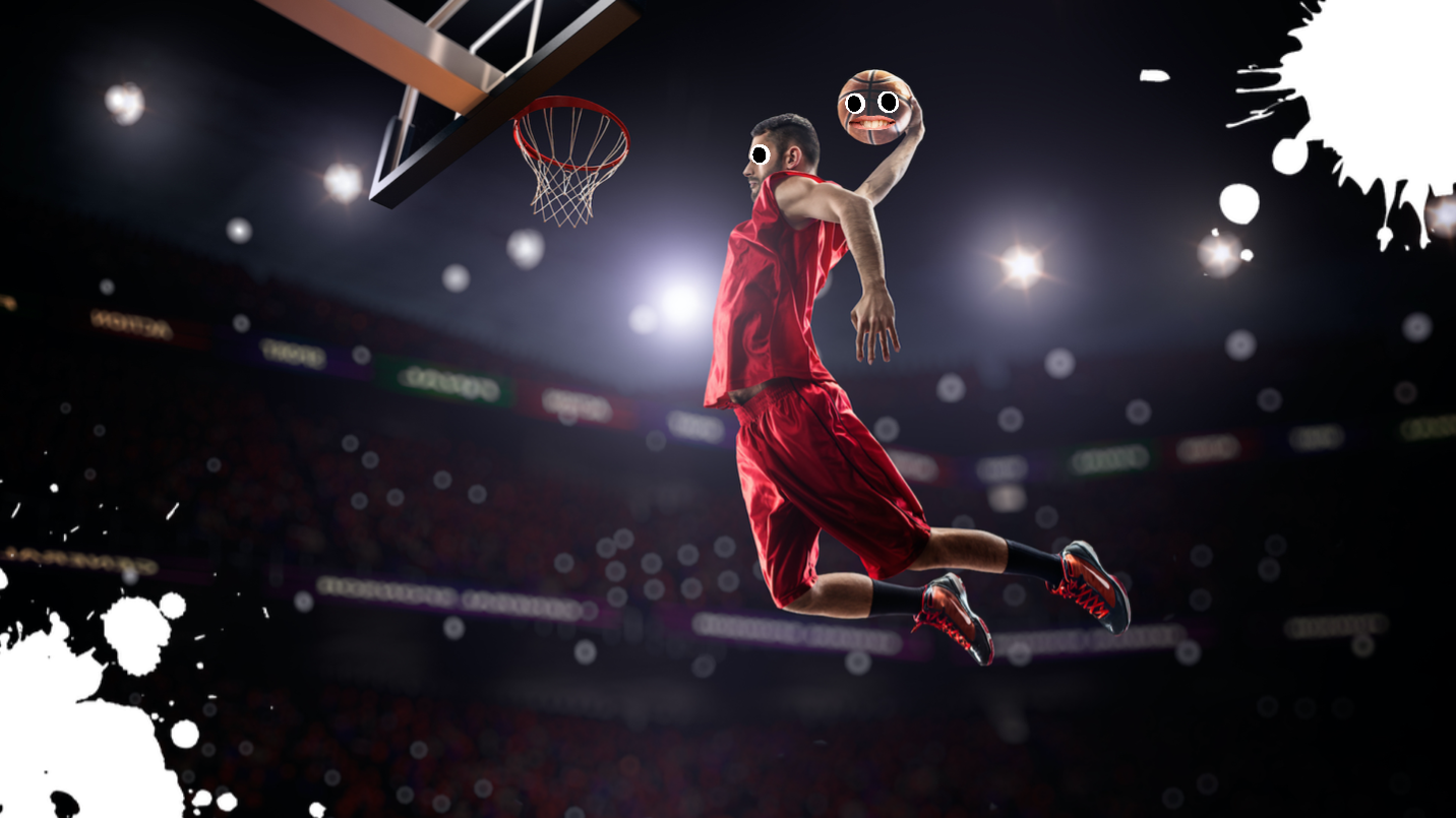 A basketball player dunking like a hero