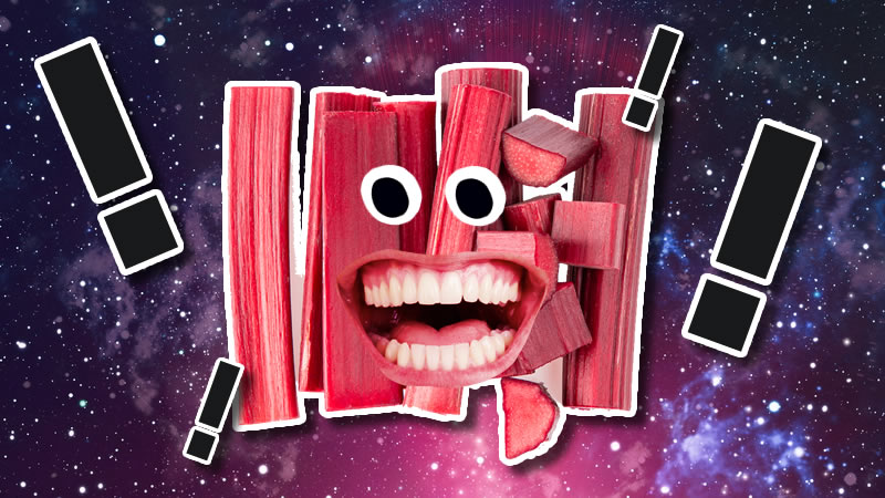 A happy, laughing rhubarb in space introduces you to some funny facts.