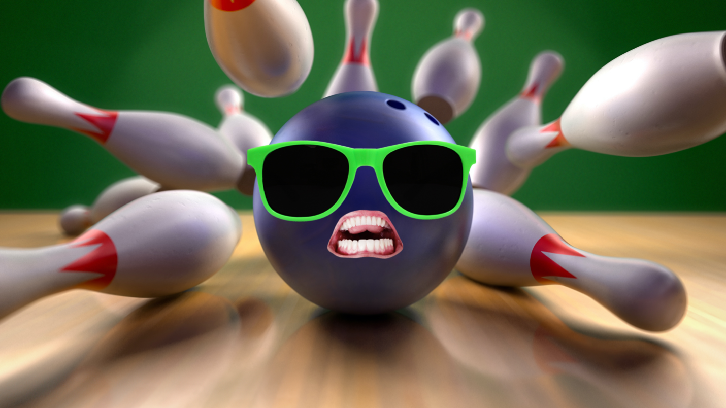 Bowling ball and skittles flying everywhere
