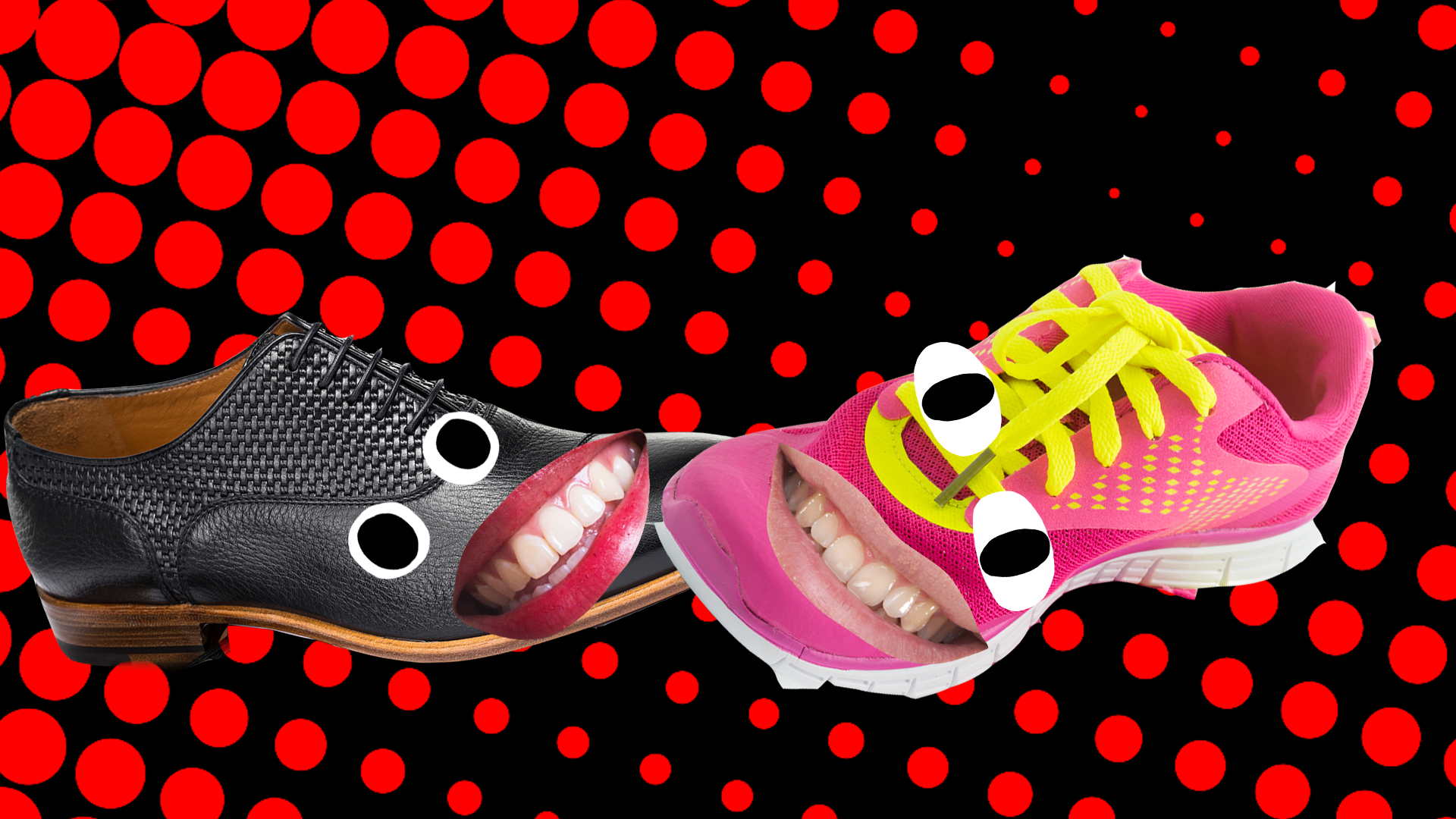 A grinning pink trainer and a smiling black shoe