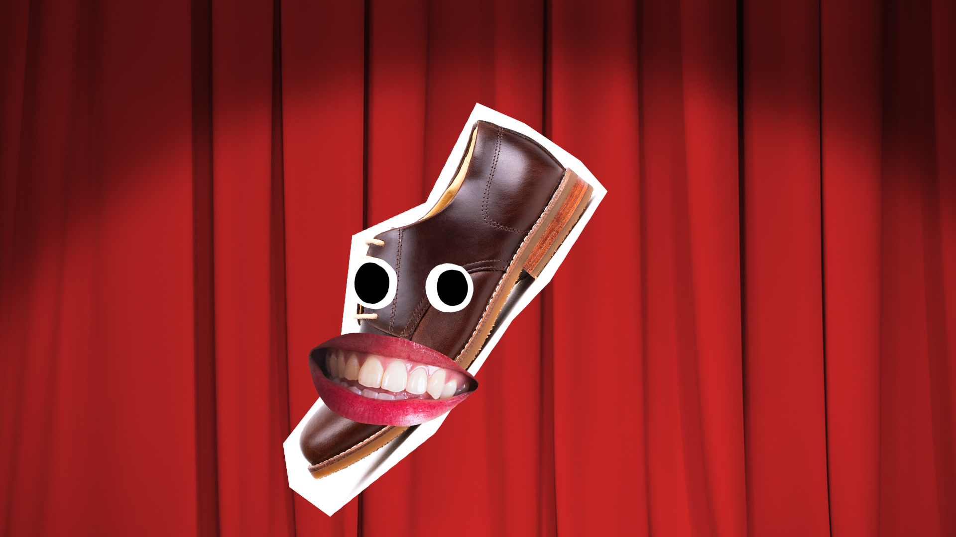 A shoe with a smile on its face in front of a theatrical red curtain