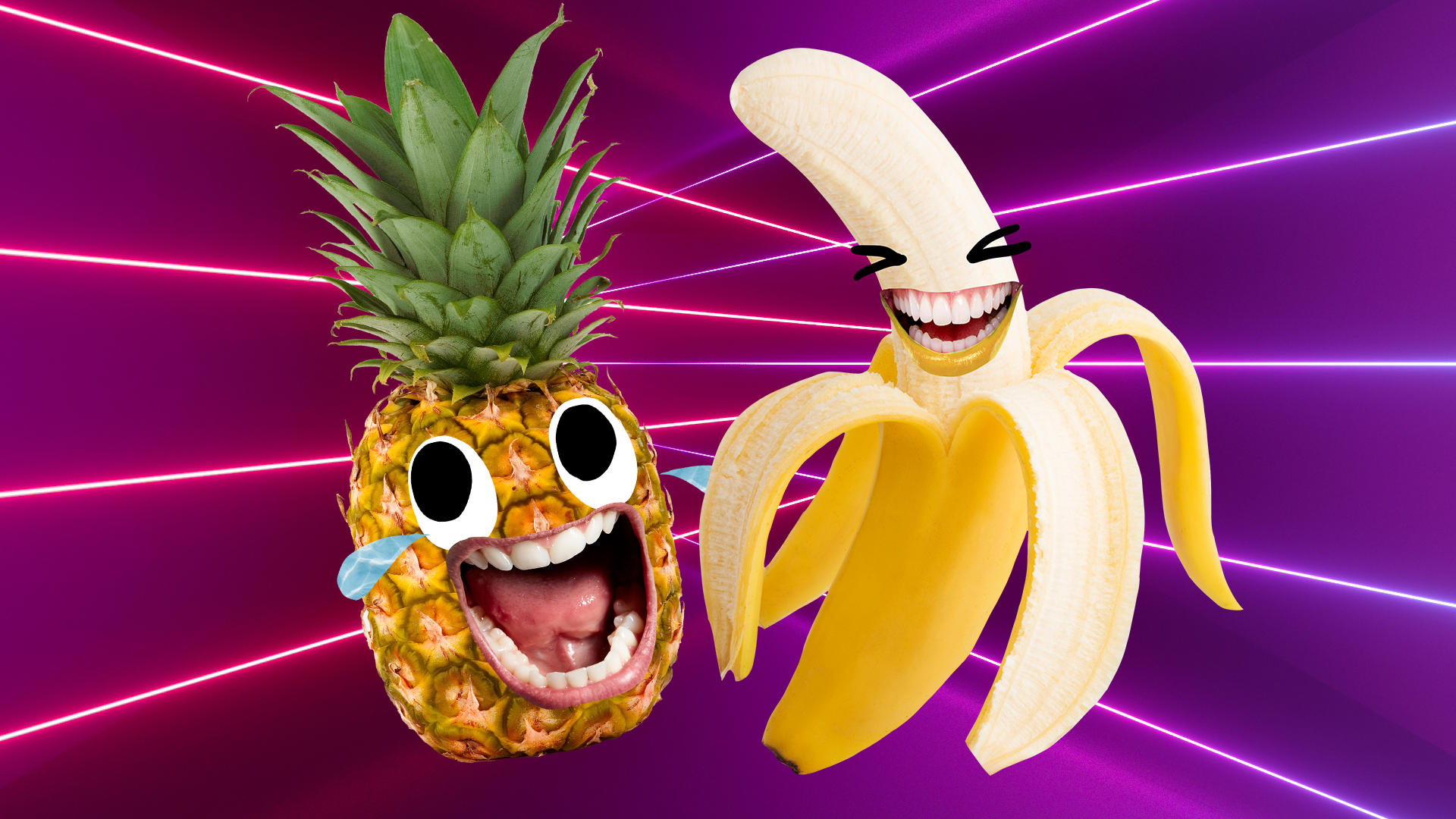 A cry laughing pineapple and and a laughing banana