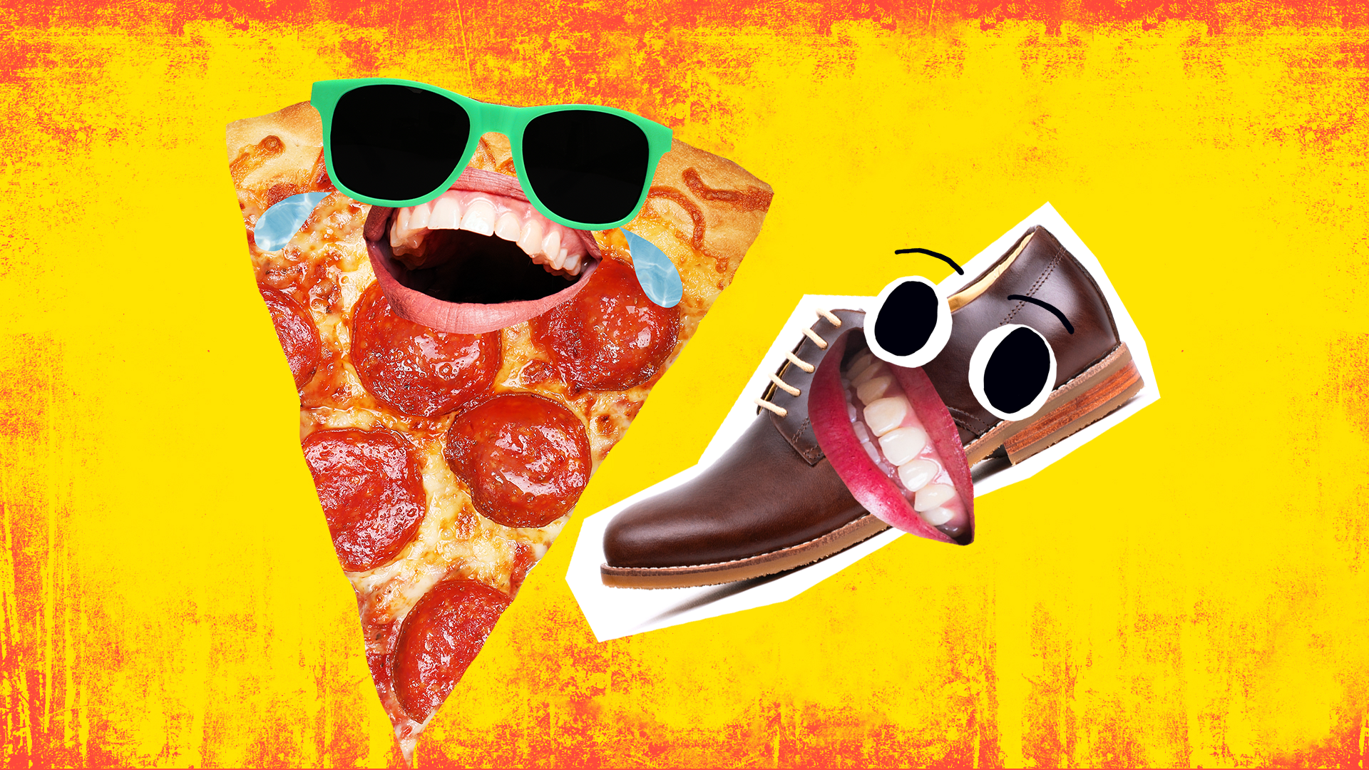 A laughing slice of pizza and a grinning brown shoe