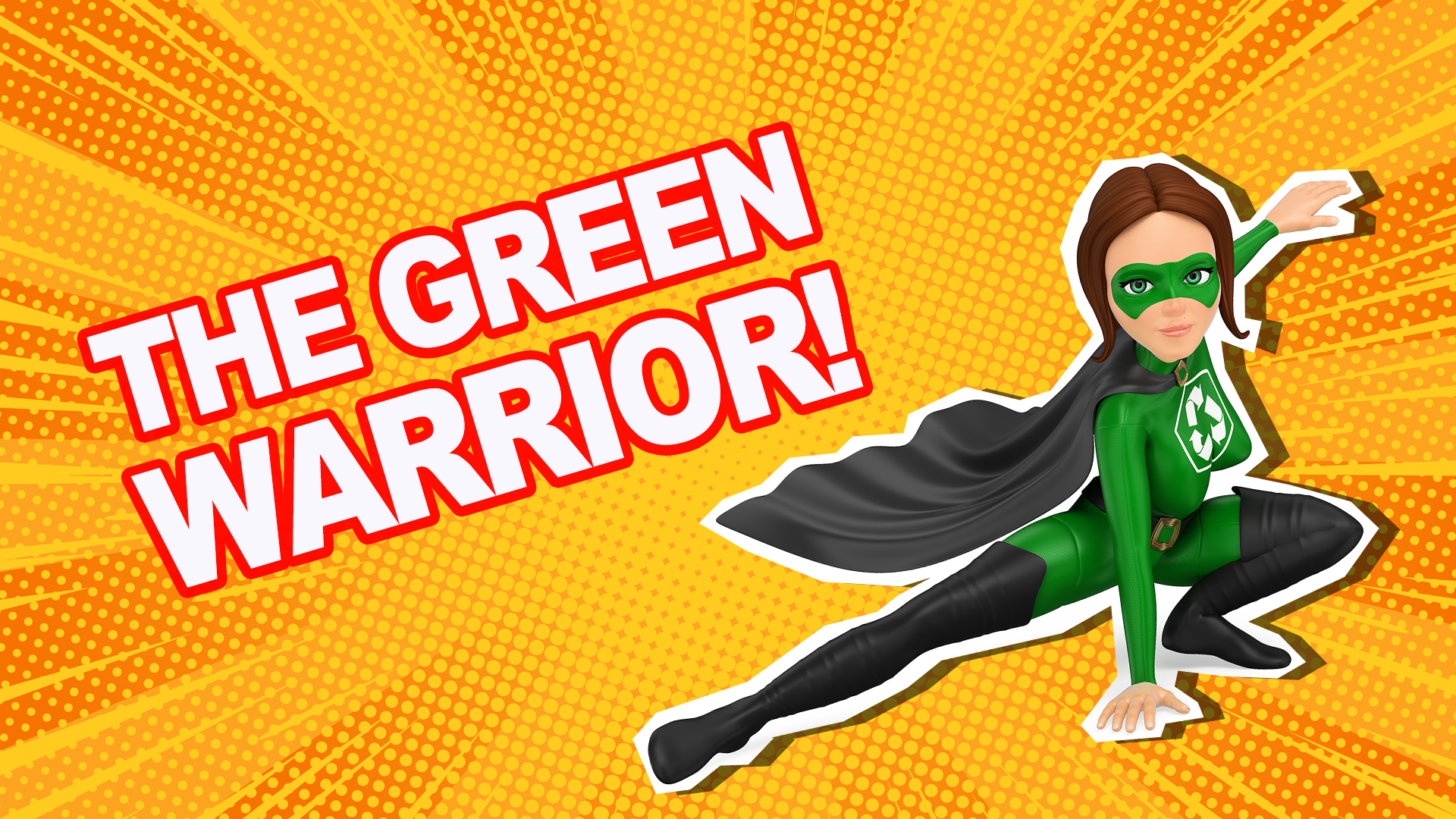 The Green Warrior - girl in green superhero costume with recycling logo