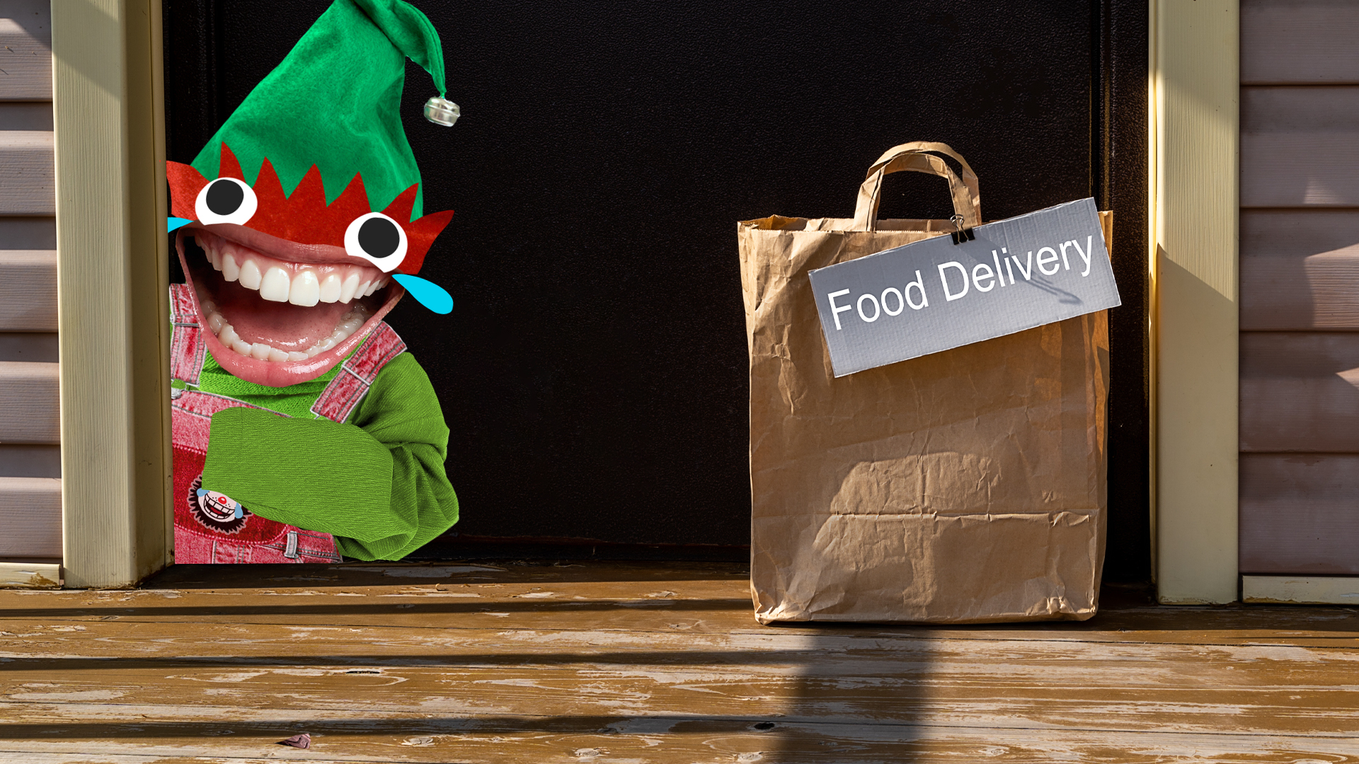 An elf accepts a food delivery