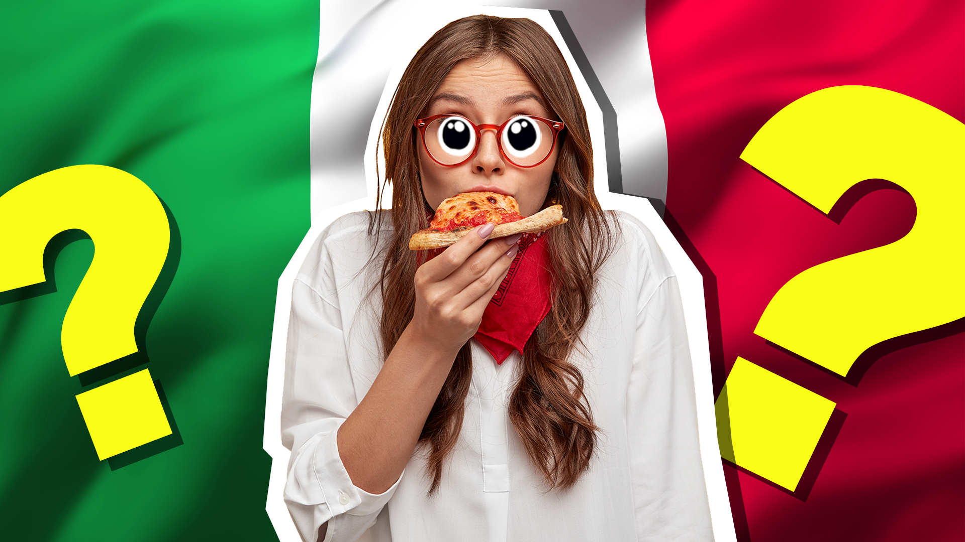 Girl eating pizza in front of Italian flag