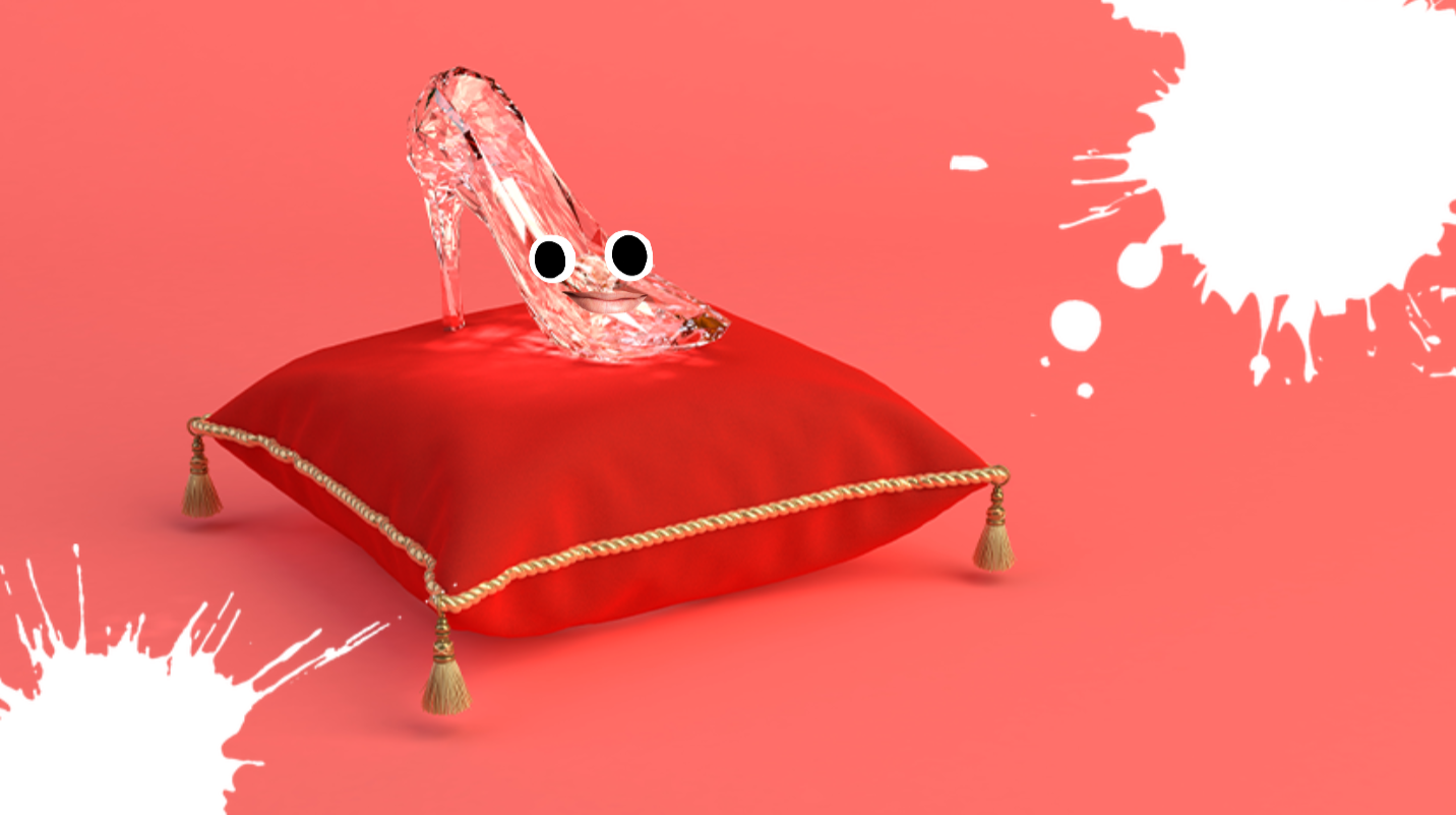 Glass slipper on cushion on pink background