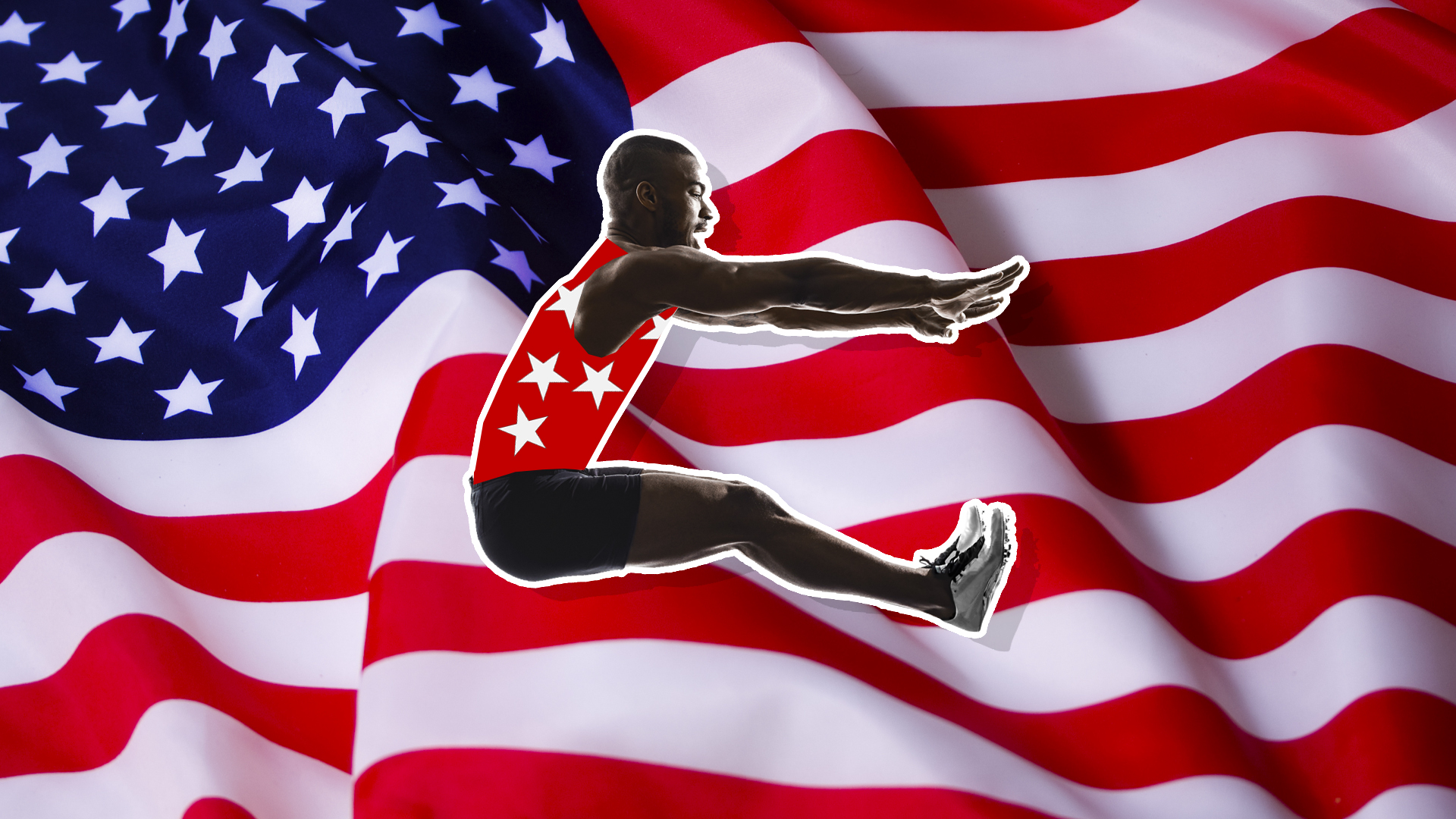 An athlete in front of the USA flag