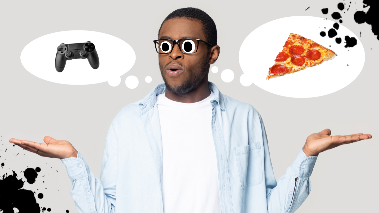 A man deciding between gaming or a pizza