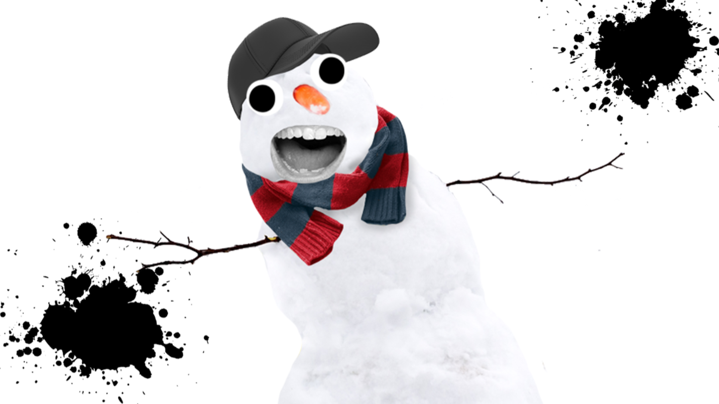 Grinning snowman on white background