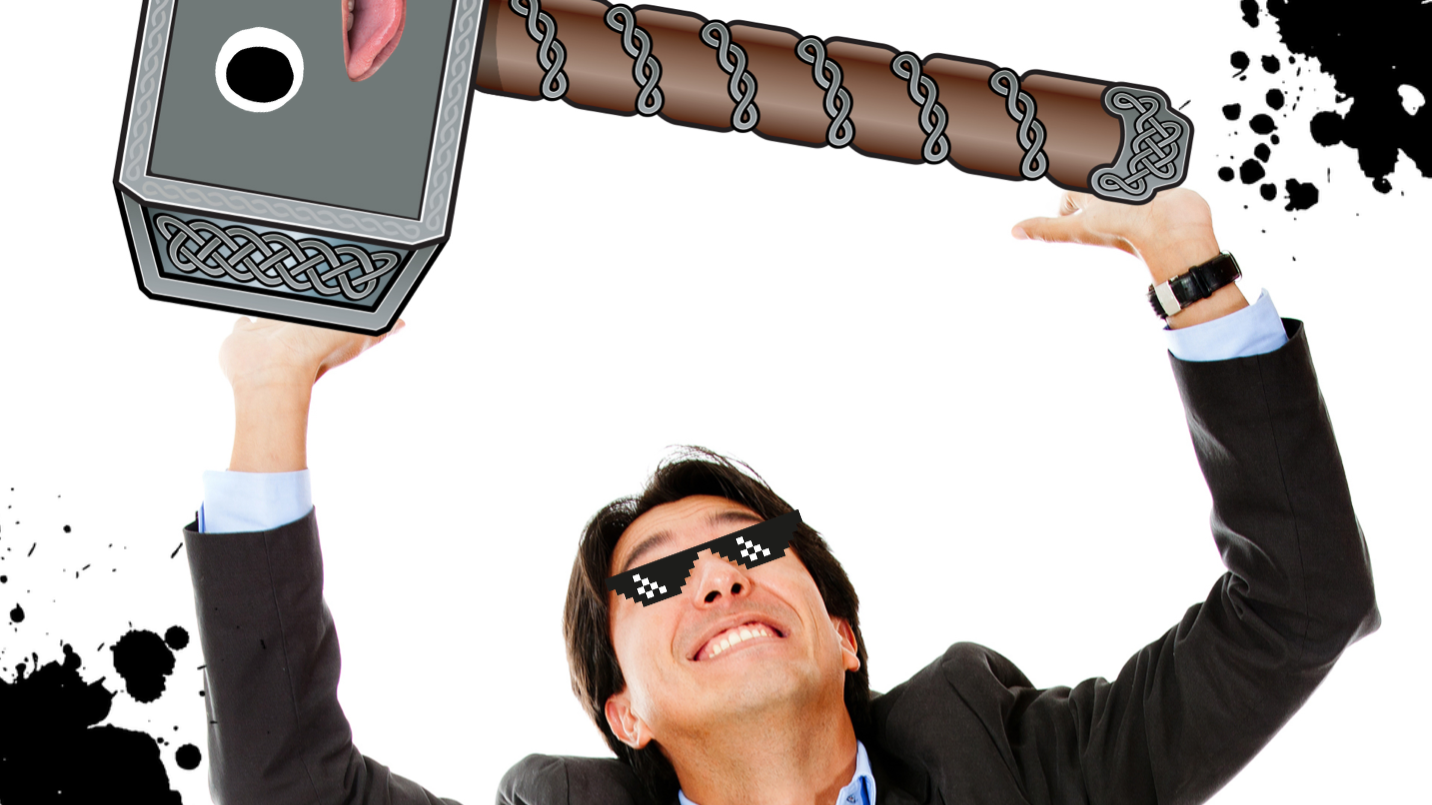 A smartly-dressed man lifting Thor's hammer