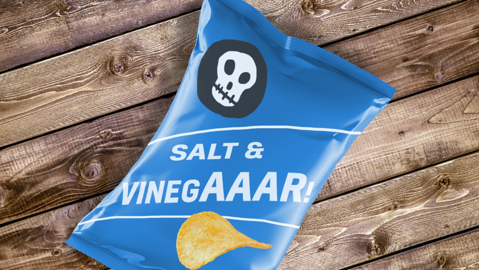 Bag of crisps that reads "Salt & Vinegaaar!'