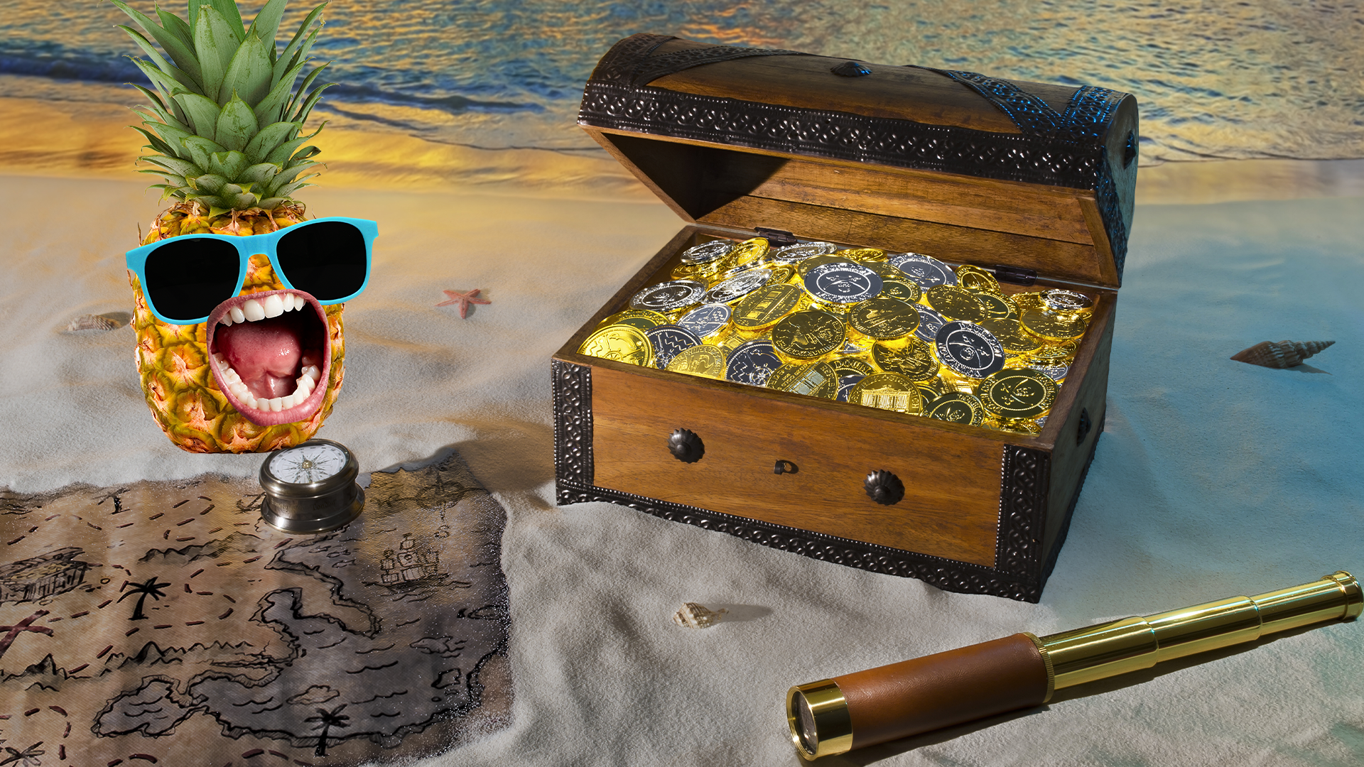 Treasure chest and map on beach