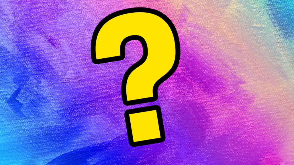 A colourful background with a big yellow question mark in the centre