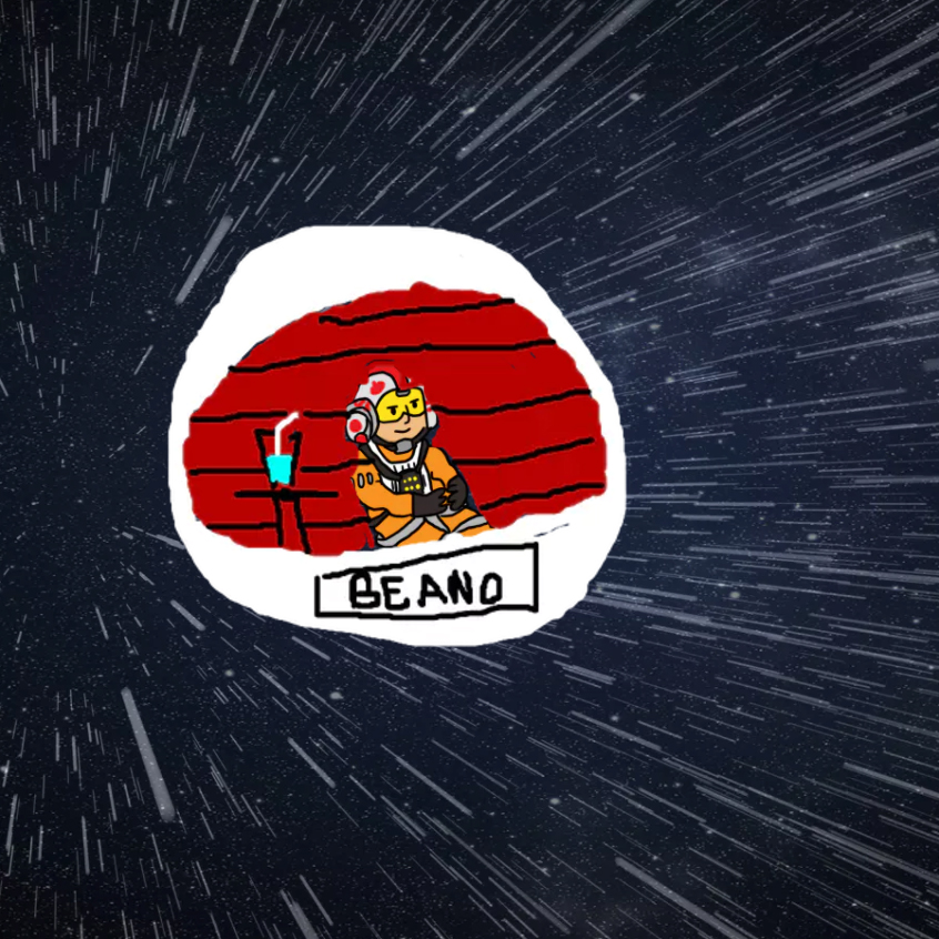 Futuristic pod in space with a drink and it says Beano