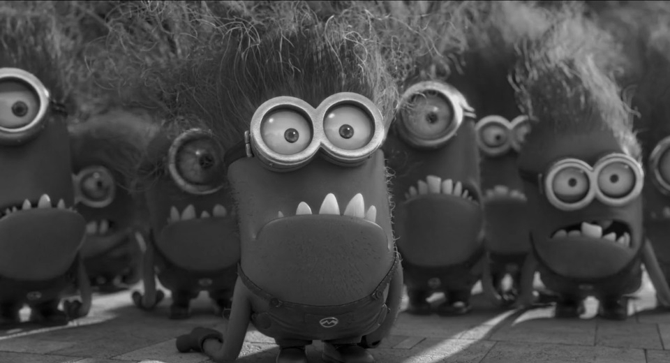This is a black and white image of the evil Minions