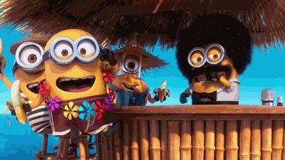 This is a GIF of two Minions in a boat